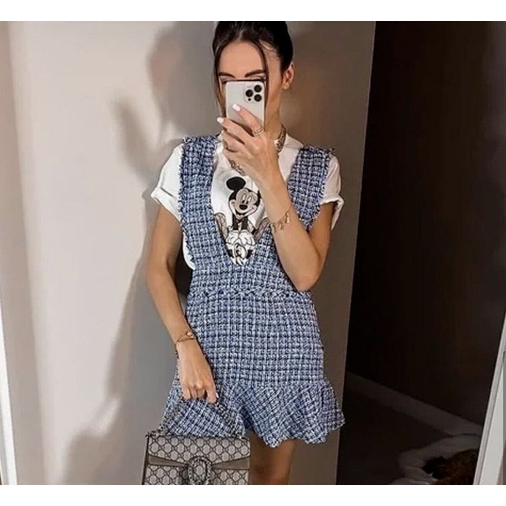 SOLD ZARA NEW WOMAN SS22 TEXTURED TWEED PINAFORE SKIRT Dress Medium BLUE - Picture 7 of 11